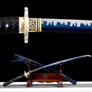 Black and blue katana with wave pattern blade on wooden stand; close-up of intricate gold tsuba. Yoru Katana .