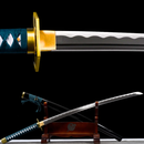 Golden guard and teal handle katana on a stand, showcasing a wavy-edged blade against a black background. Bleach Kyoka Suigetsu Katana.