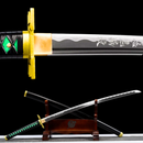 A detailed Tokito Muichiro Katana with a black and green handle, gold guard, and engraved blade, elegantly displayed on a wooden stand.