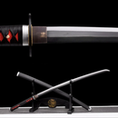 A detailed black and red handle katana with a silver blade on a wooden stand against a black background. Tanjiro Katana.