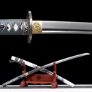 Close-up of a katana with a polished steel blade and gray handle, detailed guard, and ornate white sheath on a wooden stand. Katana Hai G...