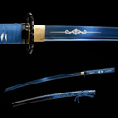 Blue katana with intricate silver engraving on the blade, blue handle, and black and gold tsuba, showcasing elegance. Chie Katana Chie.