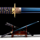 Two angles of a Murasaki Katana with a blue blade, ornate handle, and decorative tsuba, displayed on a wooden stand. Murasaki Katana.