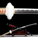A detailed view of a katana with a wavy blade, white fur guard, gold-red handle, black scabbard with cross motifs, on a wooden stand. Tra...