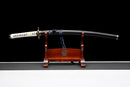 Kinbana no Yaiba Katana - — Manganese Steel, White wrapped handle, gold fittings, black textured saya, blue cord.