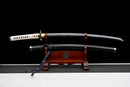 Kinbana no Yaiba Katana - — Manganese Steel, White wrapped handle, gold fittings, black textured saya, blue cord.