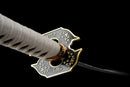 Kinbana no Yaiba Katana - — Manganese Steel, White wrapped handle, gold fittings, black textured saya, blue cord.