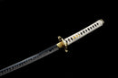 Kinbana no Yaiba Katana - — Manganese Steel, White wrapped handle, gold fittings, black textured saya, blue cord.