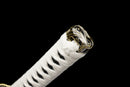 Kinbana no Yaiba Katana - — Manganese Steel, White wrapped handle, gold fittings, black textured saya, blue cord.