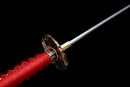 Emaki Katana - — T10 Steel, Red ito handle with gold, black saya with warrior art, blue sageo