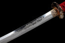 Emaki Katana - — T10 Steel, Red ito handle with gold, black saya with warrior art, blue sageo