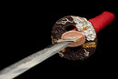 Emaki Katana - — T10 Steel, Red ito handle with gold, black saya with warrior art, blue sageo