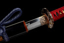 Emaki Katana - — T10 Steel, Red ito handle with gold, black saya with warrior art, blue sageo