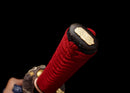 Emaki Katana - — T10 Steel, Red ito handle with gold, black saya with warrior art, blue sageo