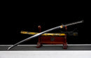 Kohaku Katana - — Tamahagane, Black ito over white rayskin, Gold/black speckled saya, black sageo