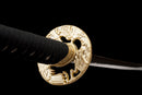 Akagane Katana - — Damascus Steel, Black wrap, white diamonds, gold tsuba, black gold floral saya