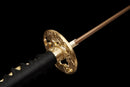 Akagane Katana - — Damascus Steel, Black wrap, white diamonds, gold tsuba, black gold floral saya