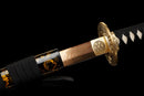 Akagane Katana - — Damascus Steel, Black wrap, white diamonds, gold tsuba, black gold floral saya