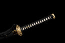 Akagane Katana - — Damascus Steel, Black wrap, white diamonds, gold tsuba, black gold floral saya