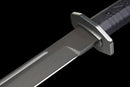 Iron Reaper Tactical Dao — high-carbon steel, Black textured handle, black ribbed polymer sheath with clip.