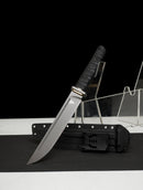 Stealth Hawk Short Sword — Titanium Edition — black textured grip, gold collar, black molded sheath with clip