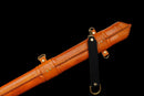 Aurantia Longsword — Spring Steel, Orange leather grip, silver steel guard/pommel, tooled orange leather scabbard.