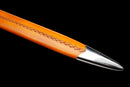Aurantia Longsword — Spring Steel, Orange leather grip, silver steel guard/pommel, tooled orange leather scabbard.