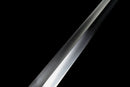 Aurantia Longsword — Spring Steel, Orange leather grip, silver steel guard/pommel, tooled orange leather scabbard.