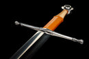 Aurantia Longsword — Spring Steel, Orange leather grip, silver steel guard/pommel, tooled orange leather scabbard.