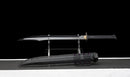 Midnight Tactical Gladius — DLC Elite — 80CrV2 steel, Black grip with pattern, gold guard, black carbon fiber sheath, purple