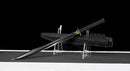 Midnight Tactical Gladius — DLC Elite — 80CrV2 steel, Black grip with pattern, gold guard, black carbon fiber sheath, purple