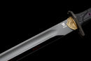 Midnight Tactical Gladius — DLC Elite — 80CrV2 steel, Black grip with pattern, gold guard, black carbon fiber sheath, purple