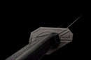 Midnight Tactical Gladius — DLC Elite — 80CrV2 steel, Black grip with pattern, gold guard, black carbon fiber sheath, purple