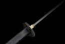 Midnight Tactical Gladius — DLC Elite — 80CrV2 steel, Black grip with pattern, gold guard, black carbon fiber sheath, purple