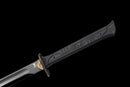 Midnight Tactical Gladius — DLC Elite — 80CrV2 steel, Black grip with pattern, gold guard, black carbon fiber sheath, purple