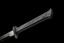 Midnight Tactical Gladius — DLC Elite — 80CrV2 steel, Black grip with pattern, gold guard, black carbon fiber sheath, purple