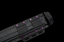 Midnight Tactical Gladius — DLC Elite — 80CrV2 steel, Black grip with pattern, gold guard, black carbon fiber sheath, purple
