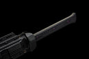 Midnight Tactical Gladius — DLC Elite — 80CrV2 steel, Black grip with pattern, gold guard, black carbon fiber sheath, purple