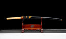 Mikazuki Katana - — Damascus Steel, Tan wrap handle, gold ornate tsuba, black lacquered sheath, black cord