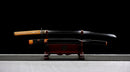 Mikazuki Katana - — Damascus Steel, Tan wrap handle, gold ornate tsuba, black lacquered sheath, black cord