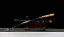 Mikazuki Katana - — Damascus Steel, Tan wrap handle, gold ornate tsuba, black lacquered sheath, black cord