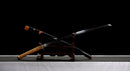Mikazuki Katana - — Damascus Steel, Tan wrap handle, gold ornate tsuba, black lacquered sheath, black cord