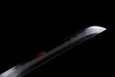 Mikazuki Katana - — Damascus Steel, Tan wrap handle, gold ornate tsuba, black lacquered sheath, black cord