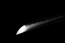 Mikazuki Katana - — Damascus Steel, Tan wrap handle, gold ornate tsuba, black lacquered sheath, black cord