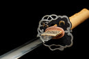 Mikazuki Katana - — Damascus Steel, Tan wrap handle, gold ornate tsuba, black lacquered sheath, black cord